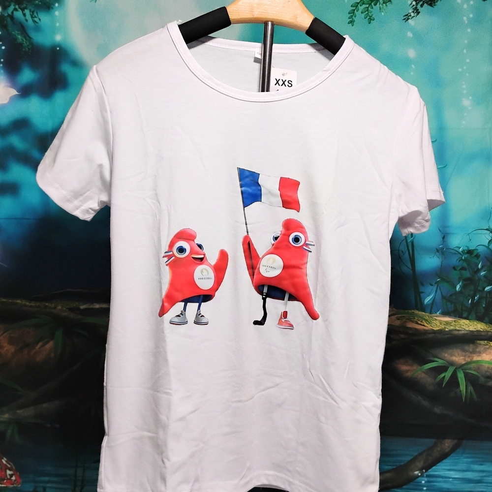 White Graphic Tee with Red Cartoon Characters